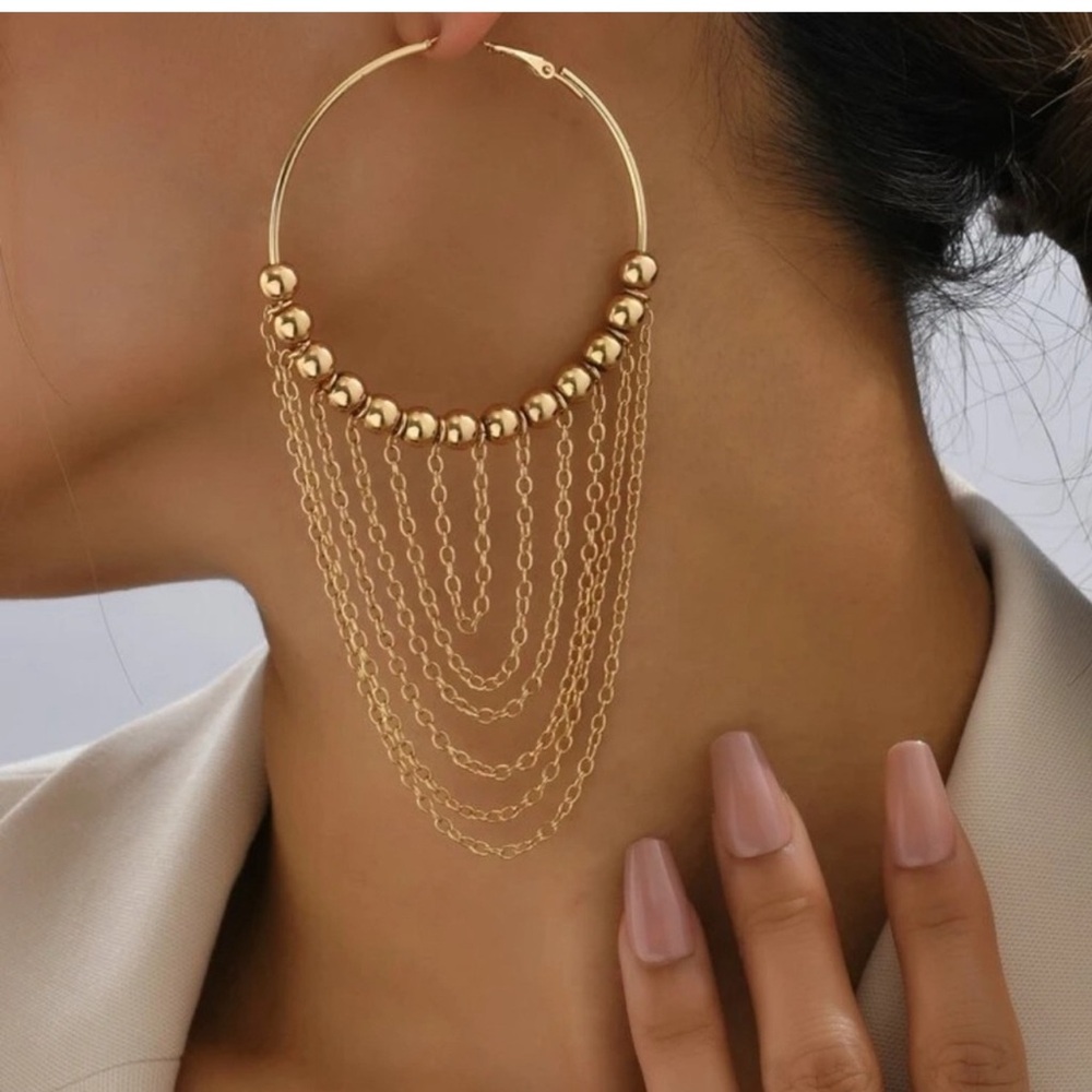 Elegant Gold Hoop Earrings with Chain Fringe